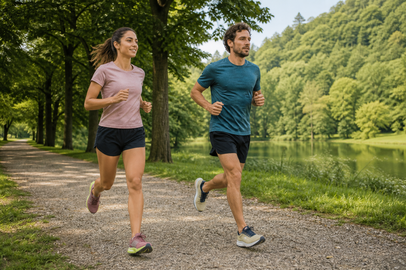 Due persone corrono in un parco con scarpe senza marchi